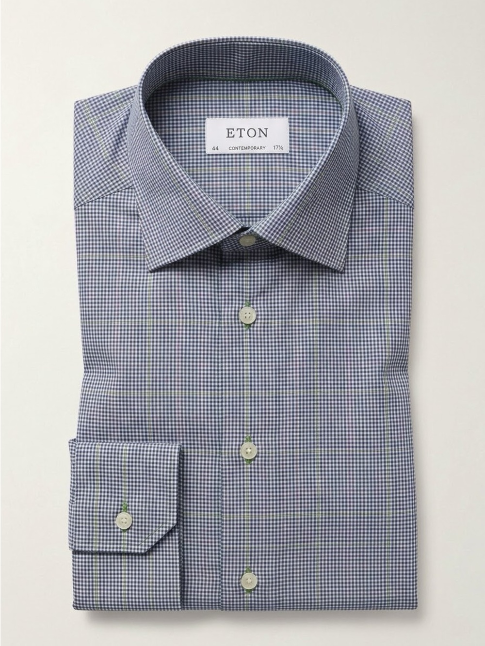 Eton Contemporary Fit Micro Check Dress Shirt Size 44 Neck 17.5 Blue Green